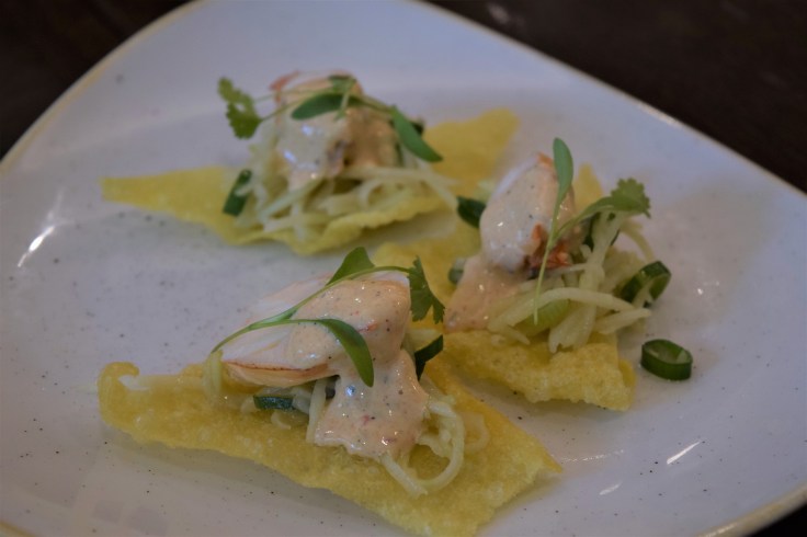 Moreton Bay Bugs w Toasted Sesame Slaw and Blackened Chilli Mayo on Fried Wontons