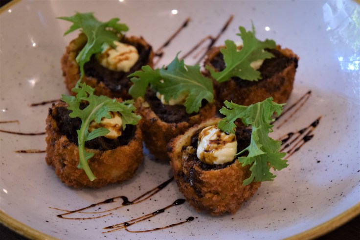 Wagyu Beef Shin Croquetas w Bone Marrow, Treacle and Horseradish